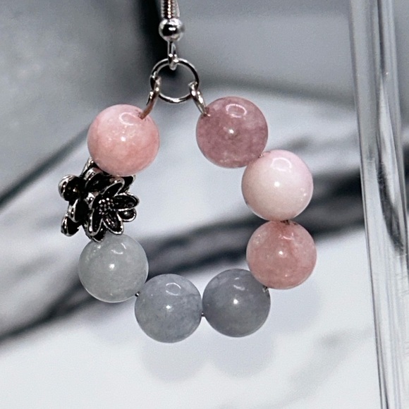 Rose Quartz & Grey Jade Gemstone Hoop Earrings with Flower Accent - Picture 1 of 3